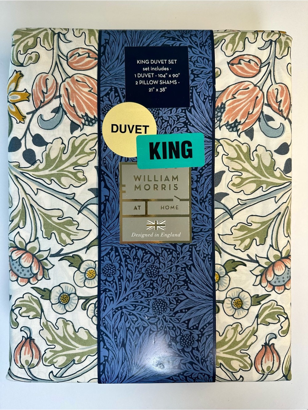 William Morris King Duvet Set in Hyacinth Meadow, Green, Blue & Coral Botanical